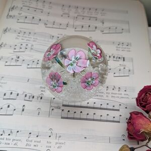 Floral Glass Paperweight with Pink Flowers